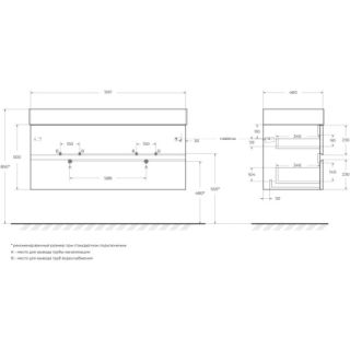 База под раковину Cezares подвесная, под раковину с двумя чашами, с двумя выкатными ящиками, Ossido, 1200x460x500, MOLVENO 46-120-2C-SO-2-OSS